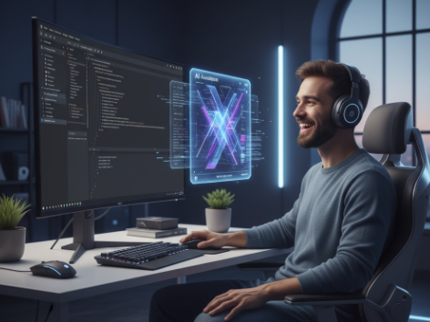Jovem desenvolvedor de jogos usando inteligência artificial para otimizar código em um projeto Unity. A IA é representada como um assistente holográfico gerando código.