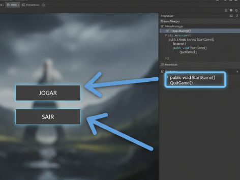 Interface da Unity mostrando um menu principal simples com botões JOGAR e SAIR, e a conexão com um script que carrega a cena do jogo.