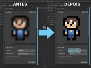 Comparação visual na interface da Unity entre uma imagem de pixel art borrada (antes) e a mesma imagem nítida e bem definida (depois), destacando as configurações corretas no Inspector.