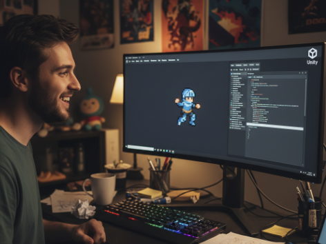Jovem desenvolvedor de jogos sorrindo enquanto seu personagem de pixel art pula na tela da Unity, mostrando sucesso e alívio após resolver um problema de programação.