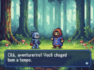 Exemplo de sistema de diálogo simples em Unity, com caixa de texto transparente e texto em pixel art sobreposto a um cenário de floresta.