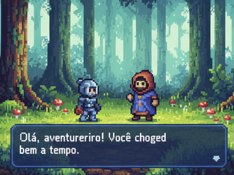 Exemplo de sistema de diálogo simples em Unity, com caixa de texto transparente e texto em pixel art sobreposto a um cenário de floresta.