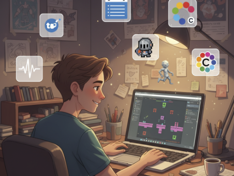 Ilustração de um desenvolvedor de jogos indie em sua mesa, cercado por ícones das ferramentas essenciais para terminar um jogo: Trello, Aseprite, Mixamo, Freesound e Coolors.