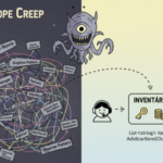 Ilustração comparando um sistema de inventário complicado e confuso com um sistema de inventário MVP simples e funcional para desenvolvimento de jogos na Unity.