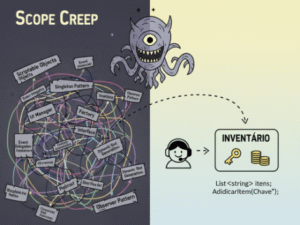 Ilustração comparando um sistema de inventário complicado e confuso com um sistema de inventário MVP simples e funcional para desenvolvimento de jogos na Unity.
