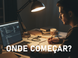 Um desenvolvedor de jogos solo trabalhando em sua mesa, integrando programação C# na Unity em seu notebook e esboços de arte em um caderno.