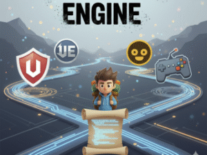 Desenvolvedor de jogos iniciante em uma encruzilhada de motores de jogo (Unity, Godot, Unreal, Construct) com um grande mapa, simbolizando a escolha da primeira engine para programar.