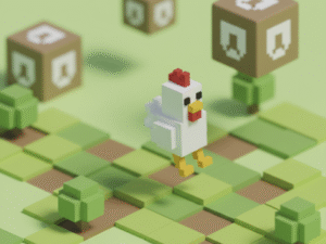Tutorial de como criar um movimento em grid na Unity, mostrando um personagem voxel pulando em blocos em uma câmera isométrica, no estilo Crossy Road.