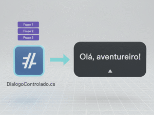 Diagrama mostrando um script C# 'DialogoControlador' na Unity que usa um Array de strings para popular uma caixa de texto da UI com frases de diálogo.