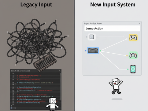 Comparação entre o novo e o antigo sistema de Input na Unity para mapeamento de ações.