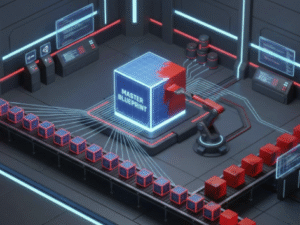 Ilustração de um Prefab mestre atualizando várias instâncias simultaneamente na Unity.