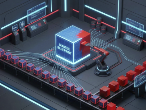 Ilustração de um Prefab mestre atualizando várias instâncias simultaneamente na Unity.