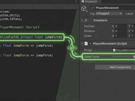 Código C# na Unity usando [SerializeField] para expor variáveis privadas no Inspector.