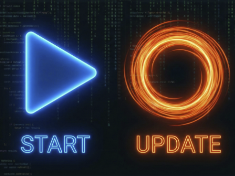 Comparação visual entre a função Start (uma vez) e Update (loop contínuo) na Unity.