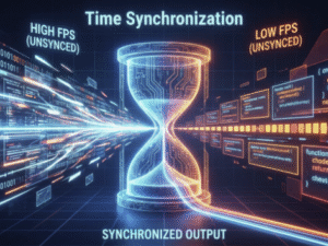 Ilustração conceitual do Time.deltaTime equalizando diferentes taxas de quadros (FPS) na Unity.