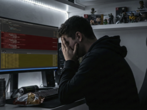 Desenvolvedor de jogos frustrado em frente ao computador com erros de código na tela.