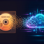 Ilustração de um disco de jogo se transformando em dados digitais, representando o fim da mídia física nos consoles.