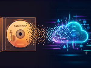 Ilustração de um disco de jogo se transformando em dados digitais, representando o fim da mídia física nos consoles.